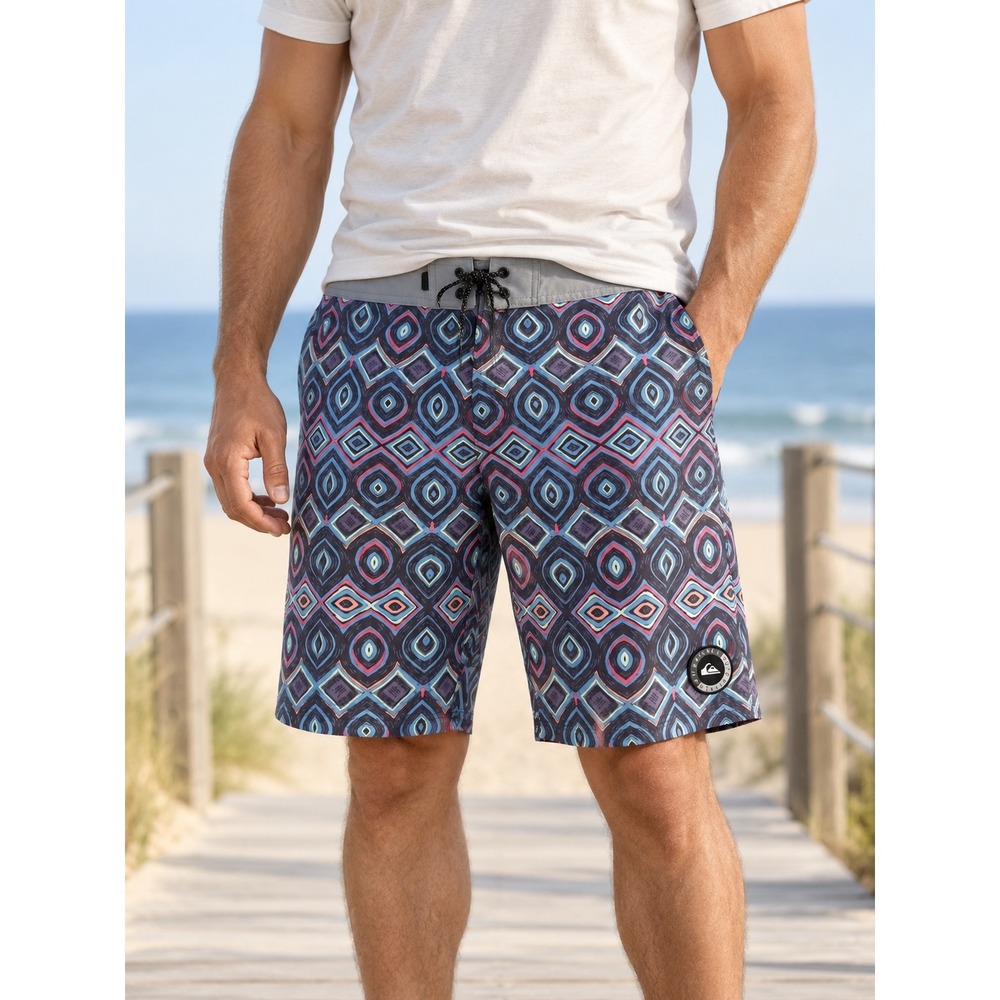 Quiksilver Mens Highline Boardshorts Size 38 Geometric Print Swim Trunks Blue